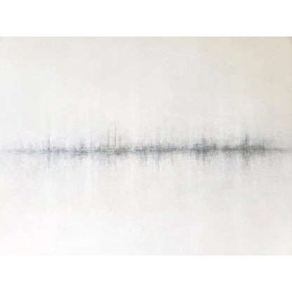 Carrie Bergey's Morning Marina Original Fine Art Painting displays a tranquil, horizontal marina reflection in grayscale tones across a white canvas.