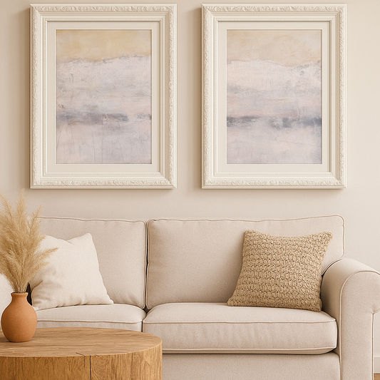 Framed Ocotillo Art Paintings displayed above a beige sofa in a neutral-toned living room. Elegant desert landscape prints enhance home decor.