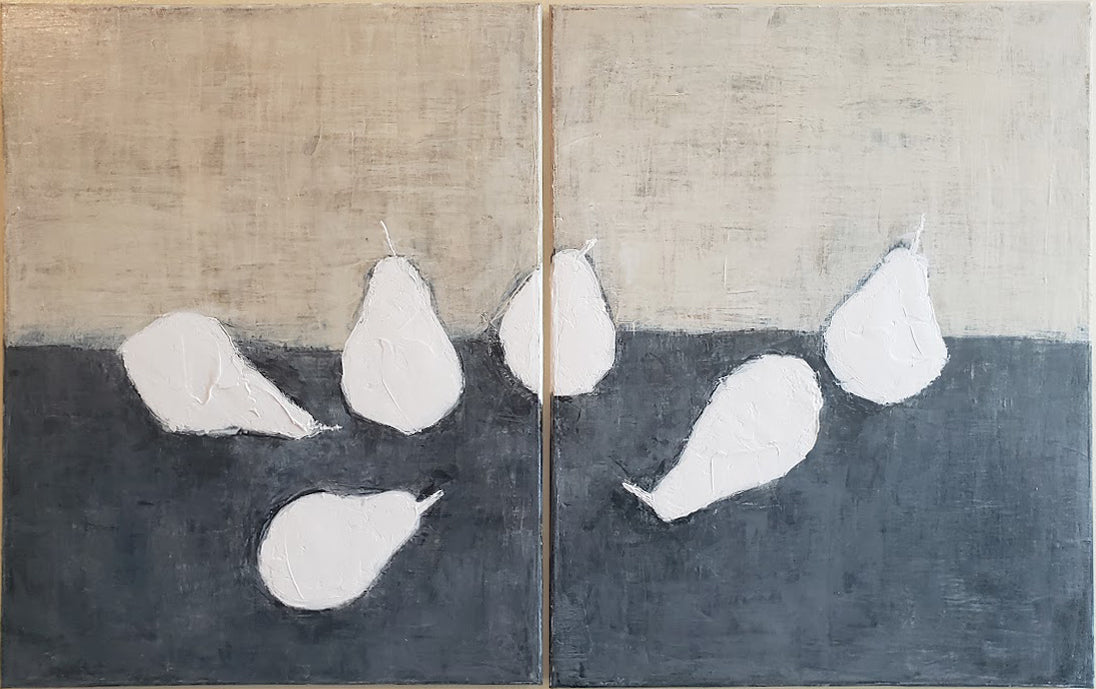 Pears Linen & Denim Painting Diptych - Art Collection featuring textured white pears on neutral linen and denim-toned backgrounds in abstract style.