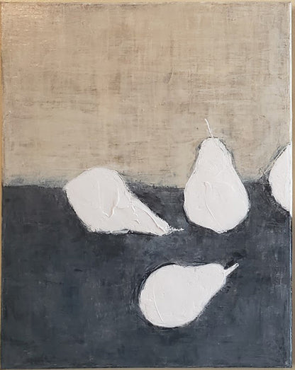 Left panel of Pears Linen & Denim Painting Diptych with three white pears on dark denim background, emphasizing textured acrylic artistry.