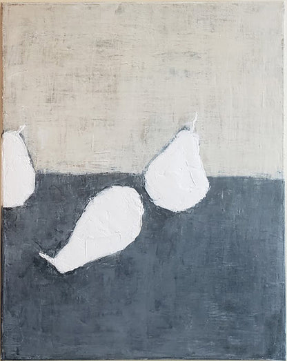Right panel of Pears Linen & Denim Painting Diptych featuring two abstract pears on denim and linen tones, part of modern art collection.