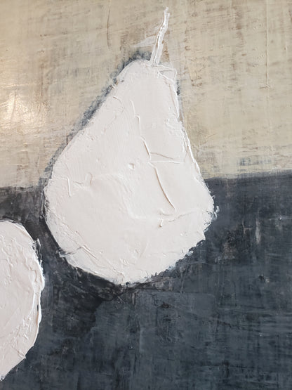 Close-up of textured white pear from Pears Linen & Denim Painting Diptych, showcasing thick acrylic strokes and organic form on neutral canvas.