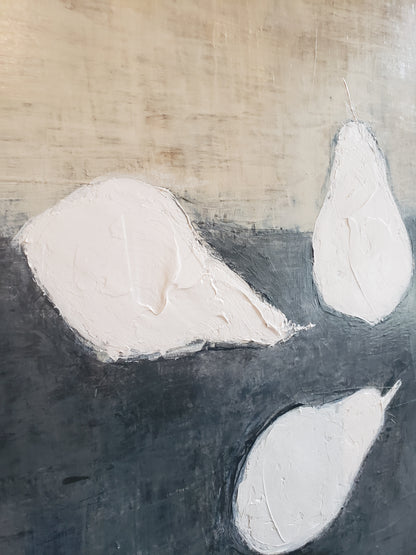 Detail of three white pears in Pears Linen & Denim Painting Diptych, highlighting layered texture and abstract minimalist design.