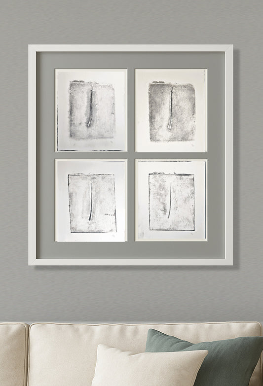Framed quadriptych of 'Pine Needles - Becoming 01_05-08' by Carrie Bergey, abstract monoprints in grayscale tones, ideal for minimalist decor.