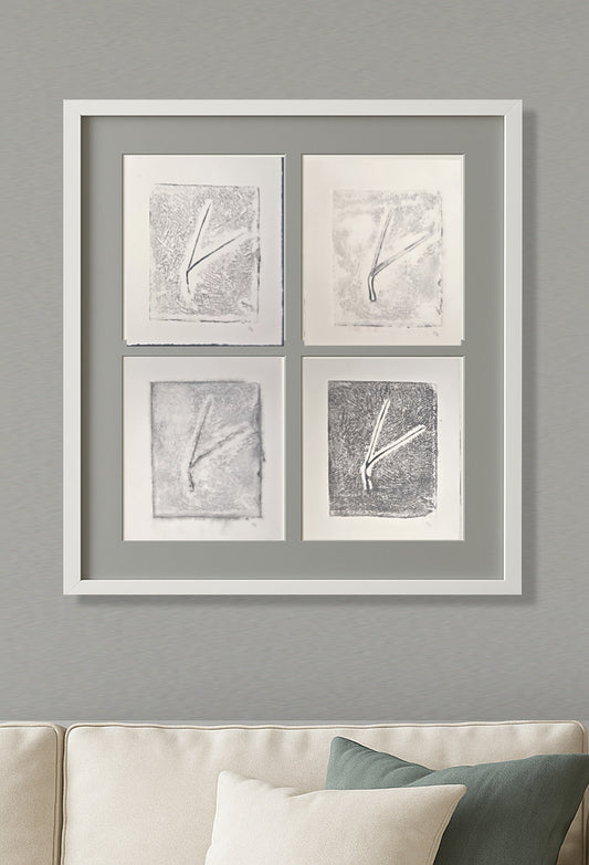 Framed Pine Needles Art set by Carrie Bergey featuring 4 original collagraph monoprints in grayscale, ideal for modern home wall decor.