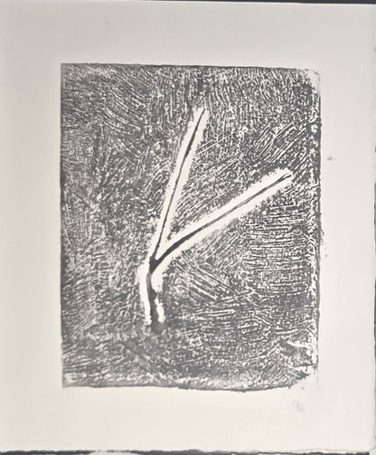 Single Pine Needles Art monoprint by Carrie Bergey in dark grey and white, featuring bold texture and minimalist botanical form.