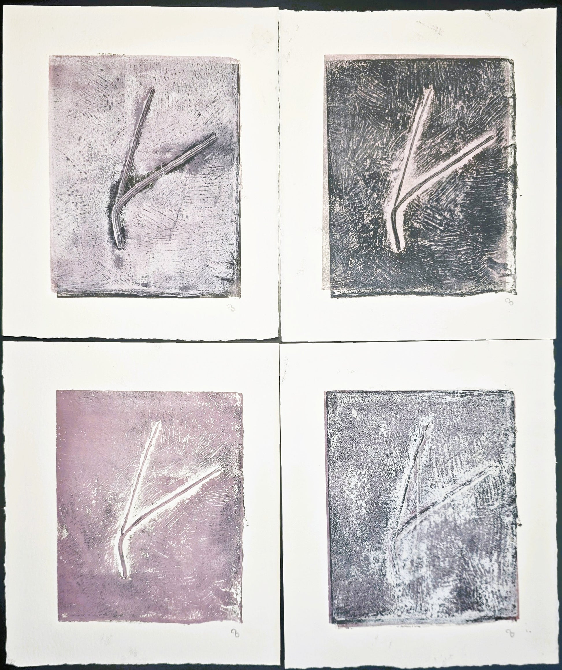 Set of 4 Pine Needles Becoming Original Monoprint Art by Carrie Bergey in black, white, grey, and purple tones, showcasing abstract botanical forms.