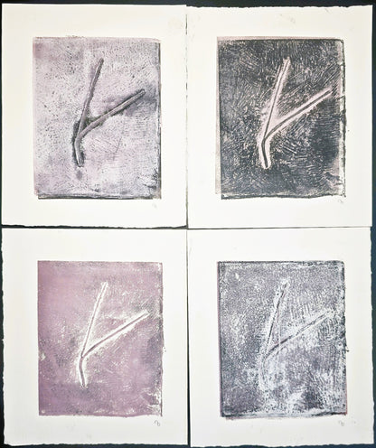 Set of 4 Pine Needles Becoming Original Monoprint Art by Carrie Bergey in black, white, grey, and purple tones, showcasing abstract botanical forms.