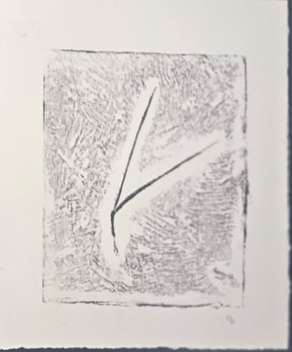 Textured Pine Needles Art monoprint by Carrie Bergey in grey and white, featuring abstract pine needle design with naturalistic detail.
