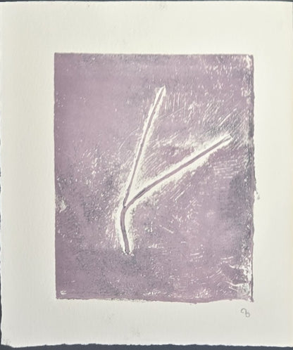 Single print from Pine Needles Becoming Original Monoprint Art by Carrie Bergey in soft purple with abstract pine needle design.