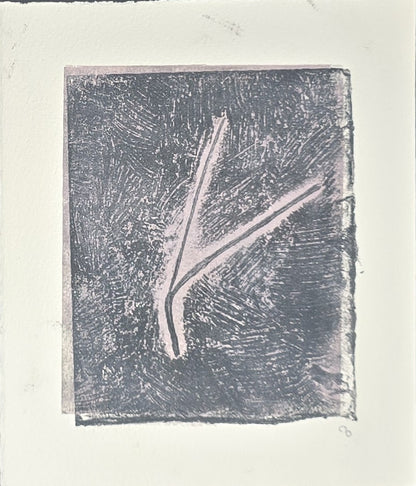 Dark monochrome print from Pine Needles Becoming Original Monoprint Art by Carrie Bergey with expressive pine needle imagery.
