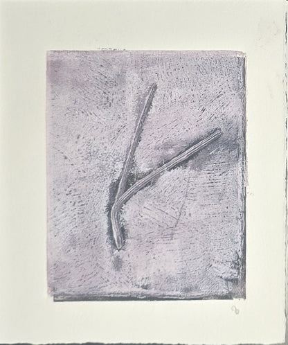 Muted lavender print from Pine Needles Becoming Original Monoprint Art by Carrie Bergey with minimalistic botanical abstraction.