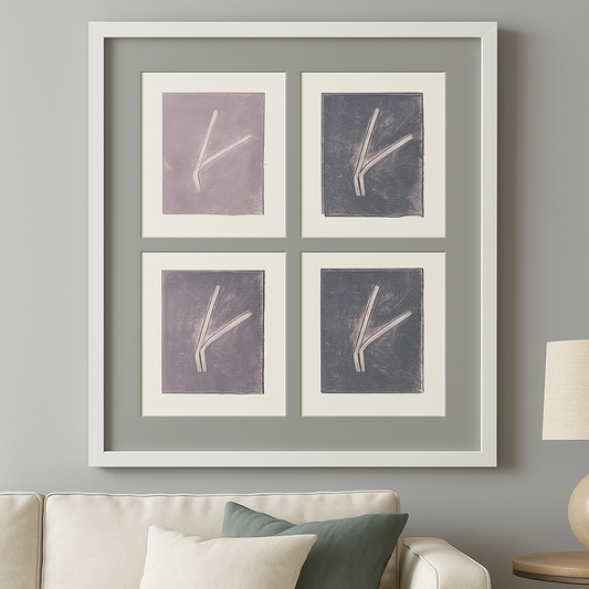 Framed Pine Needles Becoming Original Monoprint Art by Carrie Bergey displayed in a modern living room, enhancing minimalist home decor.