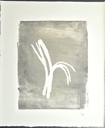 Second panel of Pine Needles Diptych by Carrie Bergey, featuring a darker grey background with white abstract pine needle strokes.