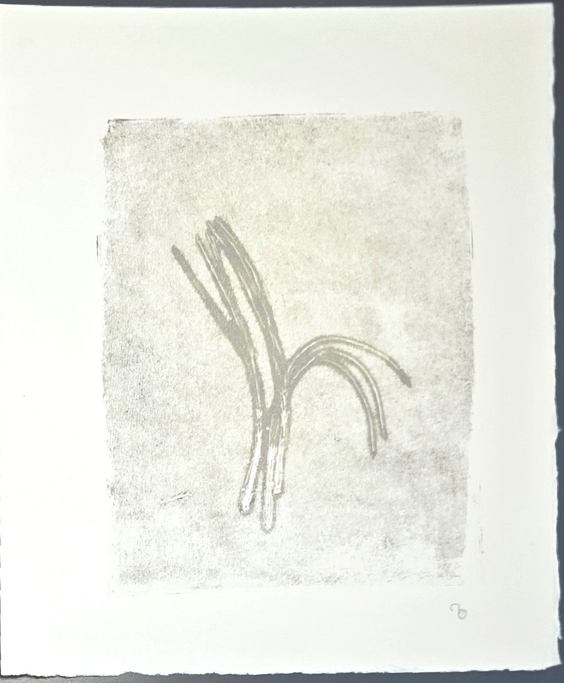 Single panel from Carrie Bergey's Pine Needles Diptych, showcasing a soft grey monoprint with abstract pine needle design on textured paper.