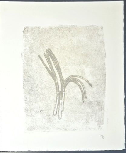 Single panel from Carrie Bergey's Pine Needles Diptych, showcasing a soft grey monoprint with abstract pine needle design on textured paper.