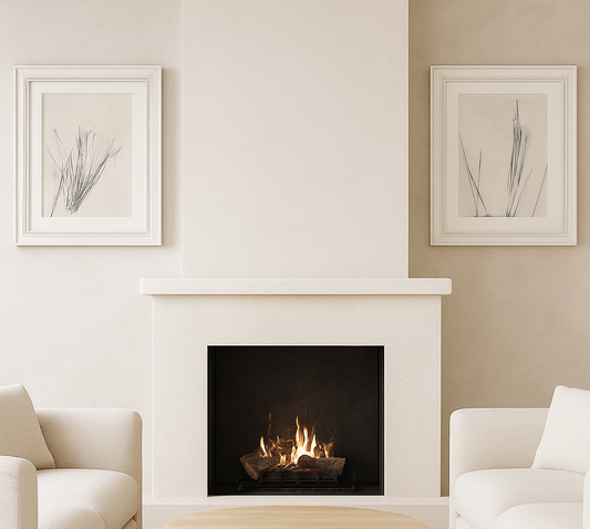 Fine Art Monoprint Diptych - Carrie Bergey Art | Pine Needle Art displayed above a modern fireplace in a neutral-toned living room.