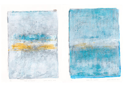 Playa Del Carmen Diptych Art - Monoprint Collection featuring two abstract prints with ocean-inspired textures and vibrant hues.