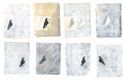 Complete Raven Original Fine Art Monoprint Octaptych Collection by Carrie Bergey. Eight symbolic raven prints with textured, abstract backgrounds.