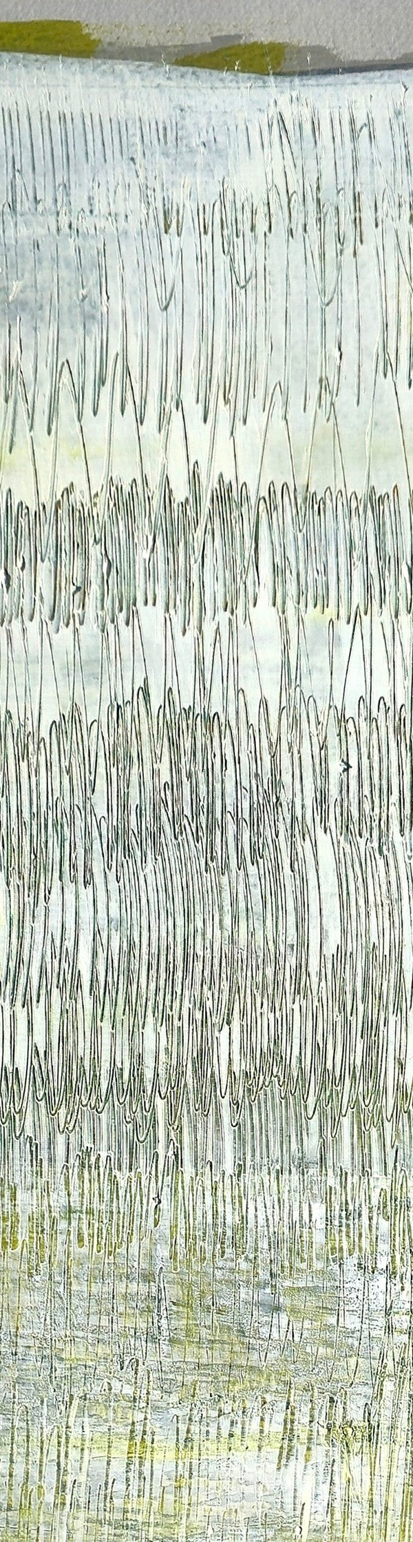 Close-up of Rhythmic Play Original Fine Art Painting by Carrie Bergey shows intricate acrylic textures and rhythmic linework in muted green and gray tones.