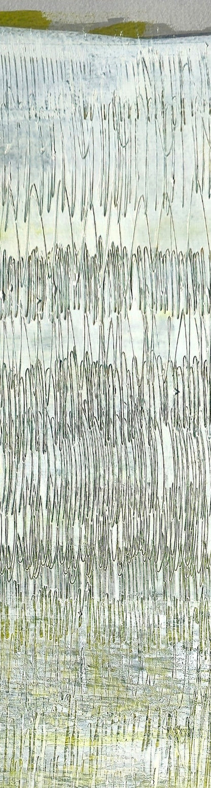 Close-up of Rhythmic Play Original Fine Art Painting by Carrie Bergey shows intricate acrylic textures and rhythmic linework in muted green and gray tones.