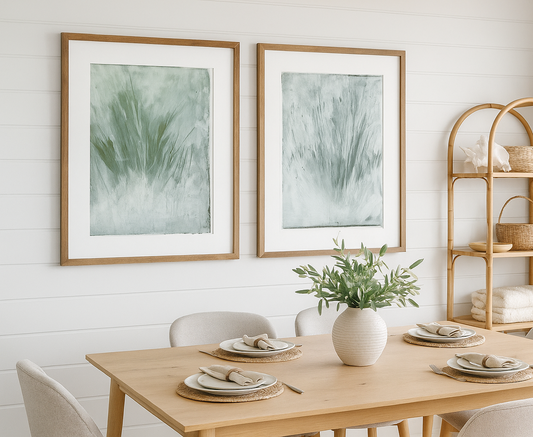 Seagrass 01-02 Original Fine Art Monoprint Diptych Collection by Carrie Bergey displayed in a modern dining room with neutral decor and wooden accents.
