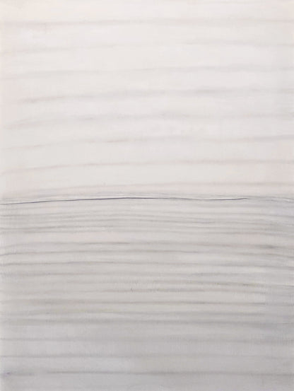 Stitched Horizon 02 Original Fine Art Mixed Media Painting by Carrie Bergey featuring layered textile textures and soft horizontal lines in neutral tones.