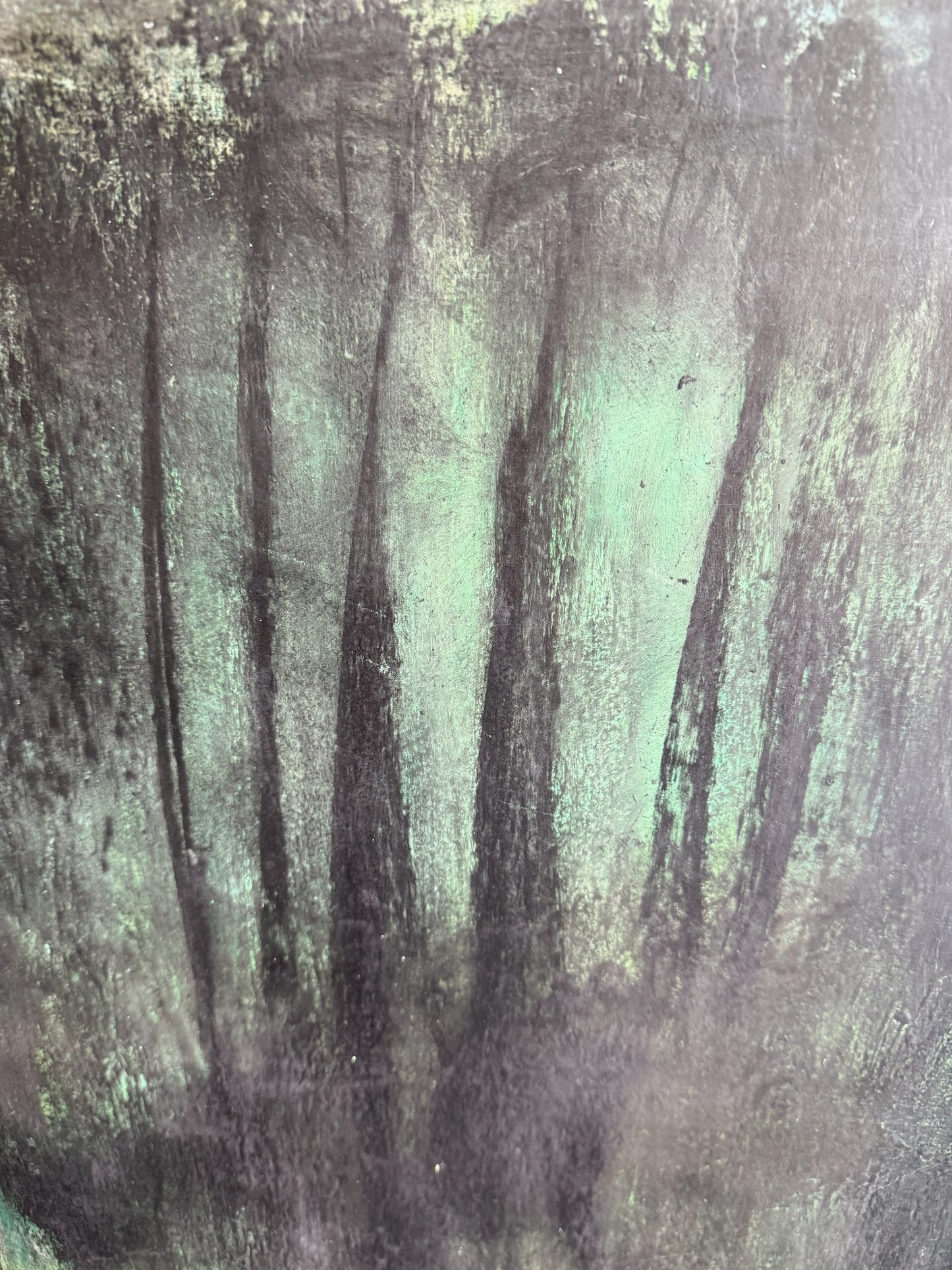 Close-up of Carrie Bergey's 'Through' painting showing textured brushstrokes and layered greens and blacks, symbolizing healing and endurance.