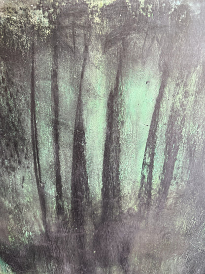 Close-up of Carrie Bergey's 'Through' painting showing textured brushstrokes and layered greens and blacks, symbolizing healing and endurance.