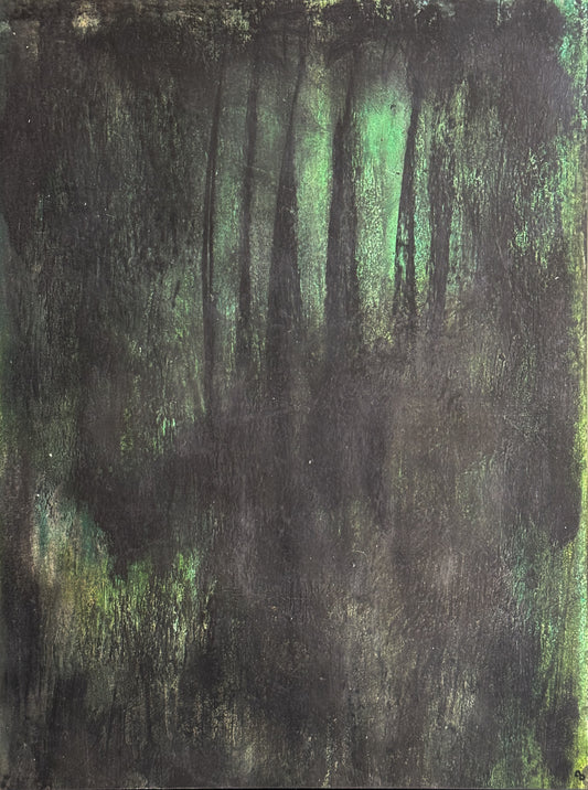 Original Art - Carrie Bergey Painting | Darkness, Endurance, Healing in abstract forest tones of black and green. Rich textures evoke a moody woodland scene.