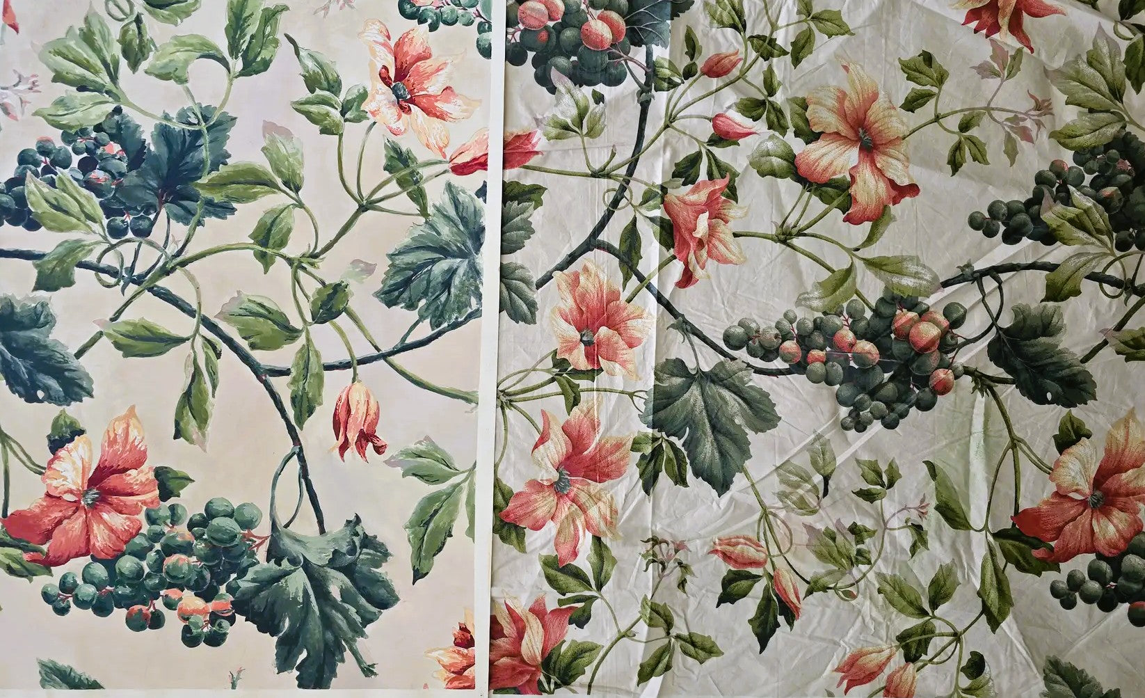 Close-up of Carrie Bergey's Vintage Fabric Painting next to the original textile, emphasizing gouache brushwork and vibrant floral elements on cotton.
