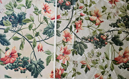 Close-up of Carrie Bergey's Vintage Fabric Painting next to the original textile, emphasizing gouache brushwork and vibrant floral elements on cotton.
