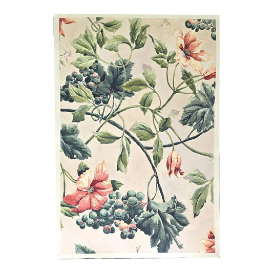 Vintage Fabric Original Fine Art Painting by Carrie Bergey featuring floral and grapevine motifs in gouache on cotton, ideal for botanical wall decor.